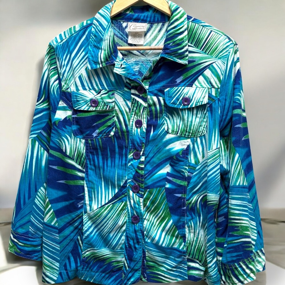 Company Collection Blue &‎ Green Tropical Print Lightweight Linen Blend Jacket